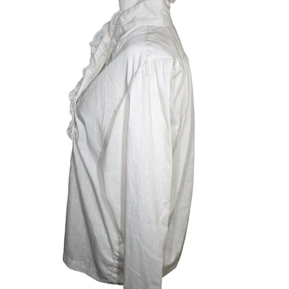 Vintage 80s Button Up Blouse Womens S White Ruffle Front Romantic Modest Lace - Picture 4 of 7